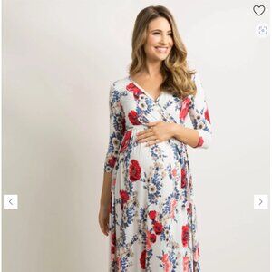 PinkBlush Maternity Nursing Postpartum Baby Shower White Maxi Floral L 10/12